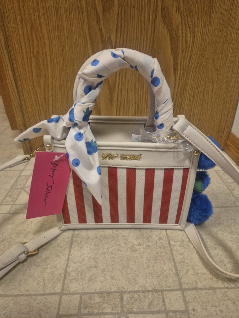 Betsey Johnson XO Lucy Red/White/Blueberry Charm Crossbody Top Handle Bag